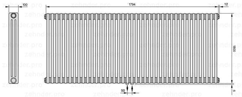 Схема (чертеж) Радиатор Zehnder Charleston 3180/39 №5410 Белый глянцевый RAL 9016
